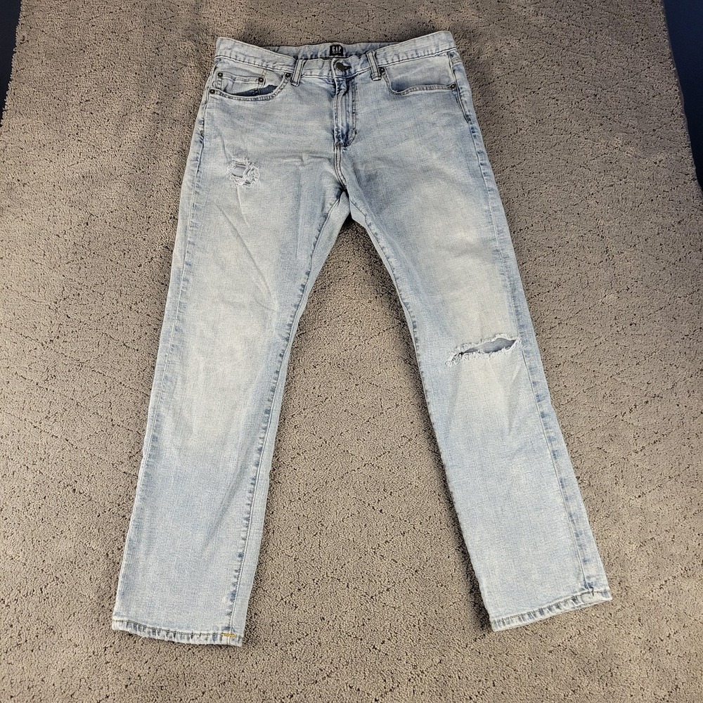 Gap Jeans Mens 34x30 Blue Slim Straight Leg Light Wash Faded Distressed Denim